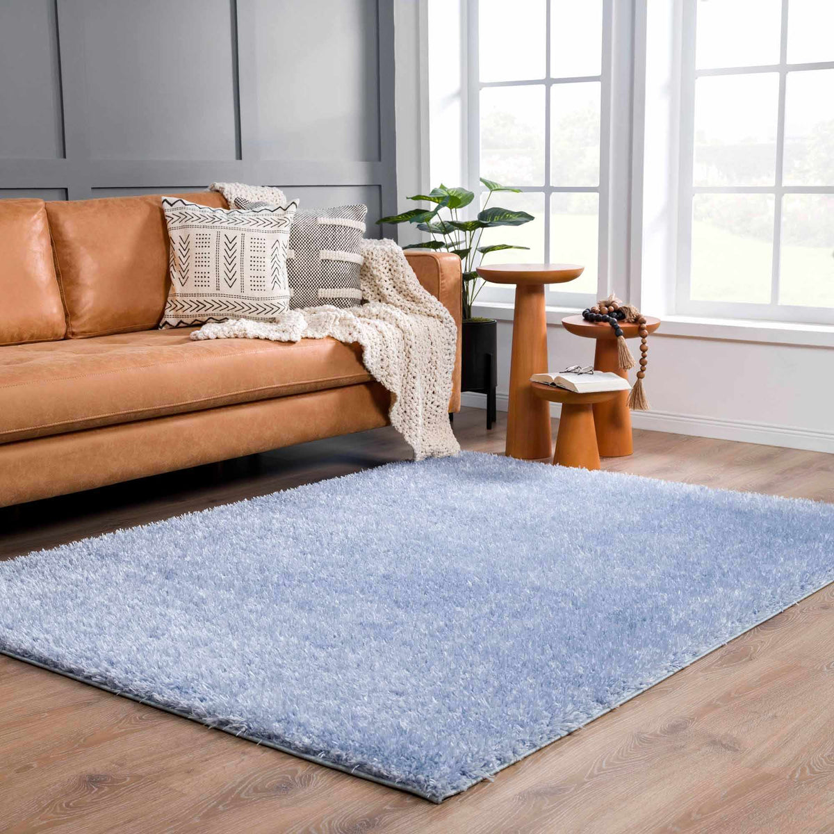 Faina Solid Aqua Shag Washable Area Rug