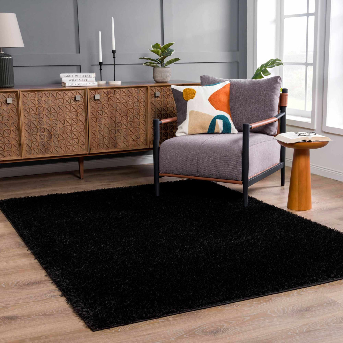 Faina Solid Black Shag Washable Area Rug - Clearance