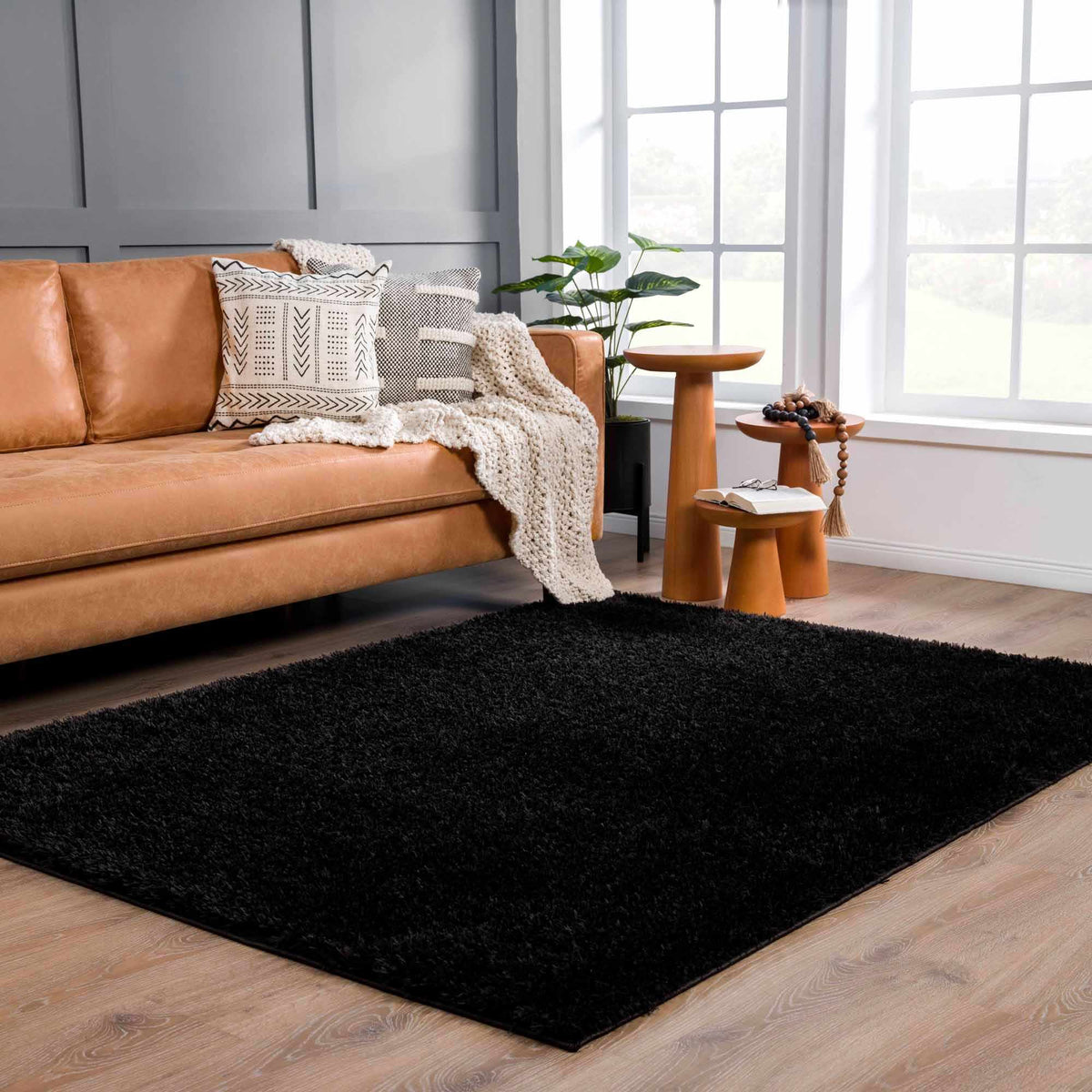 Faina Solid Black Shag Washable Area Rug - Clearance