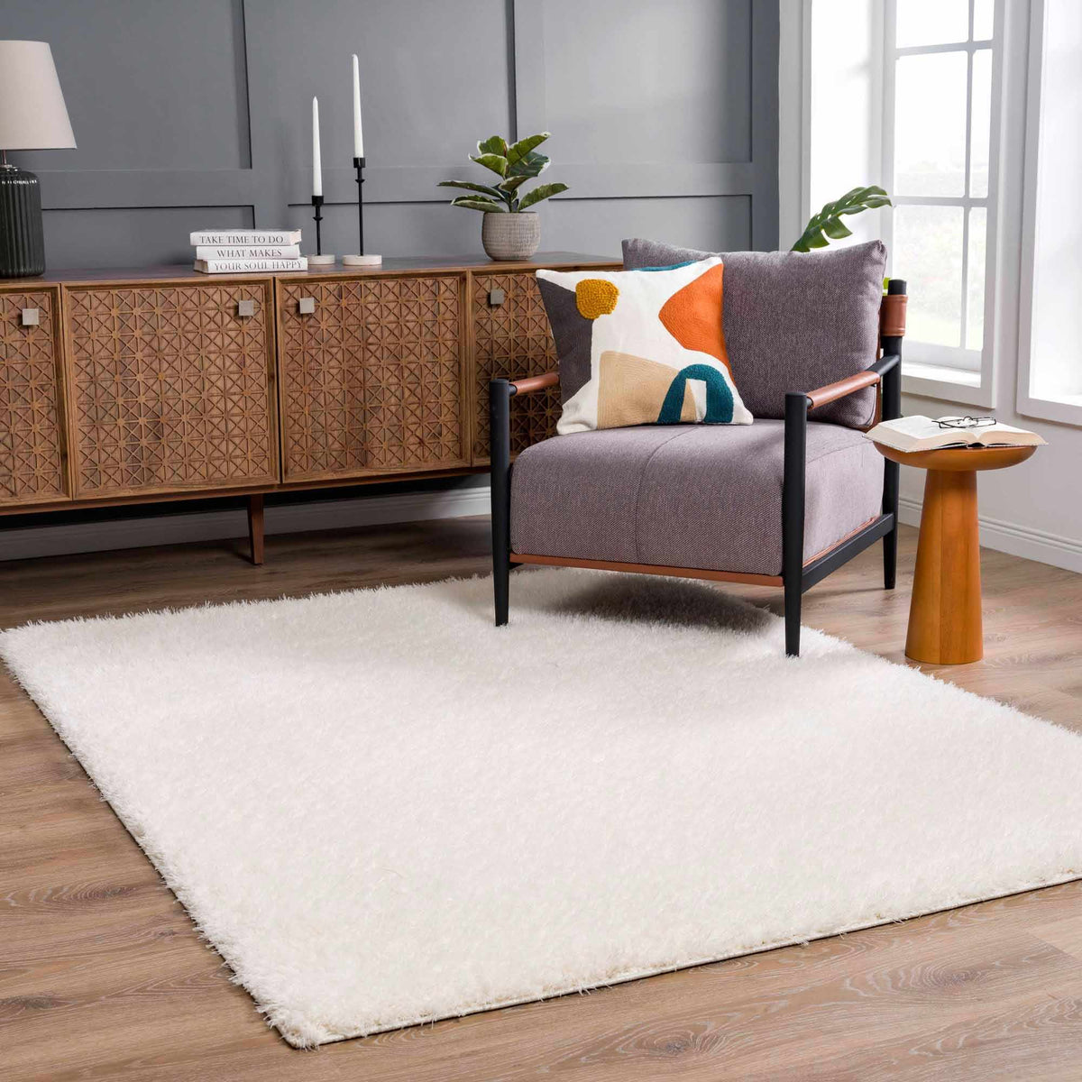 Faina Solid Cream Shag Washable Area Rug