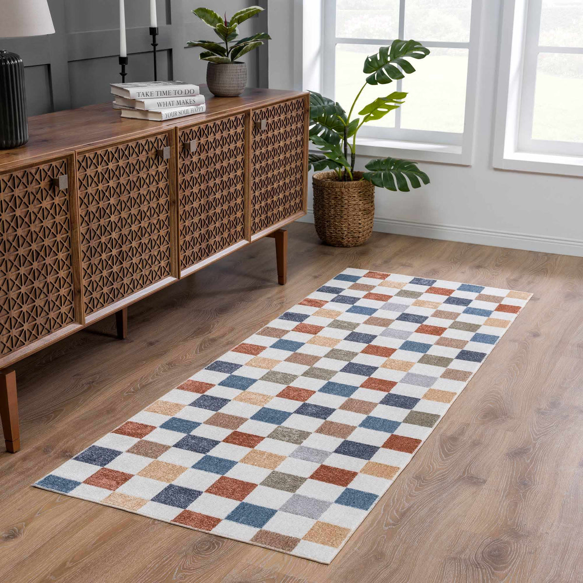 Alie Colorful Checkered Washable Runner Rug