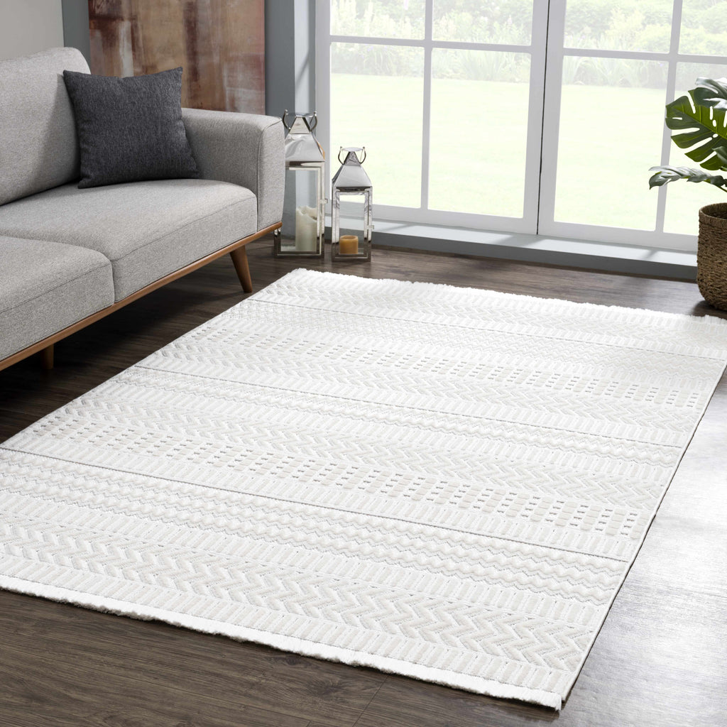 Ivory Cira Textured Trellis Fringe Area Rug - Clearance