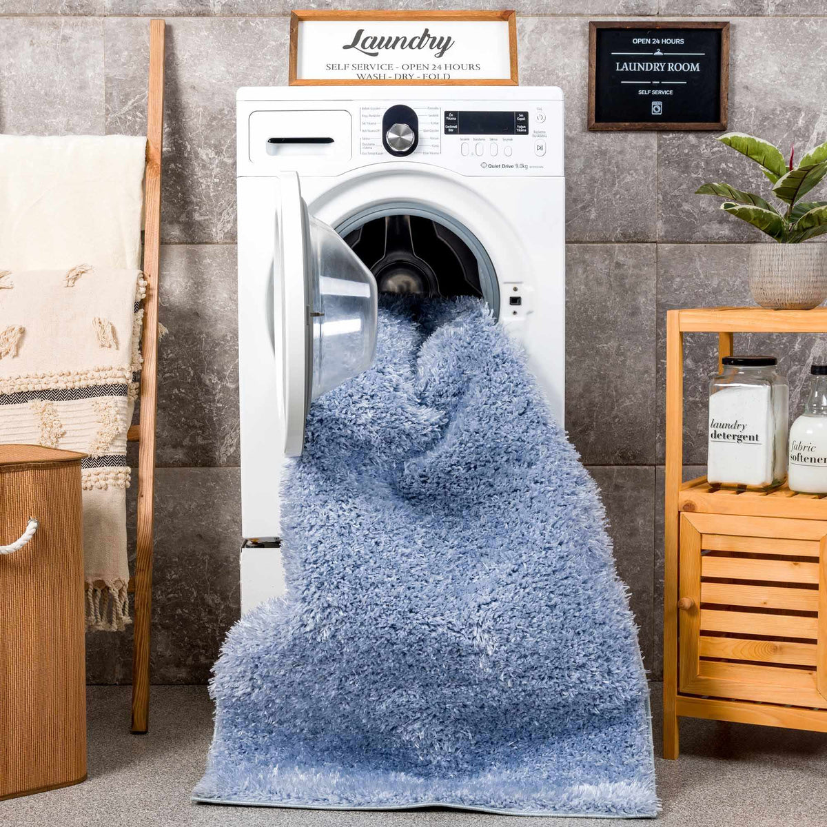 Faina Solid Aqua Shag Washable Area Rug
