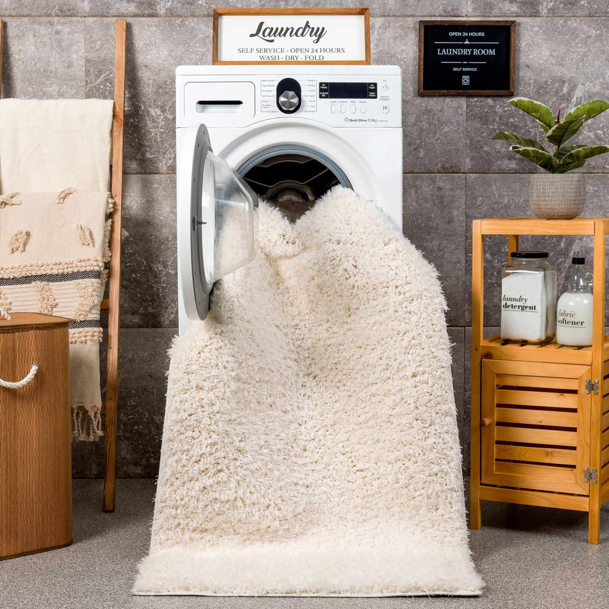 Faina Solid Cream Shag Washable Area Rug
