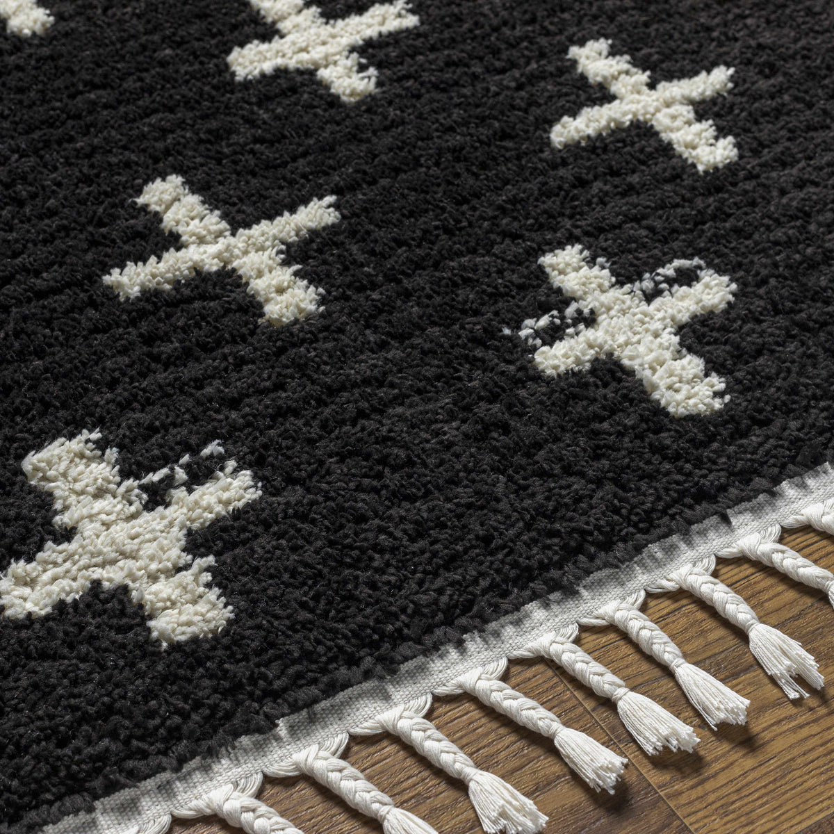 Anda White Cross on Black Plush Rug - Clearance